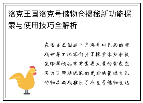 洛克王国洛克号储物仓揭秘新功能探索与使用技巧全解析